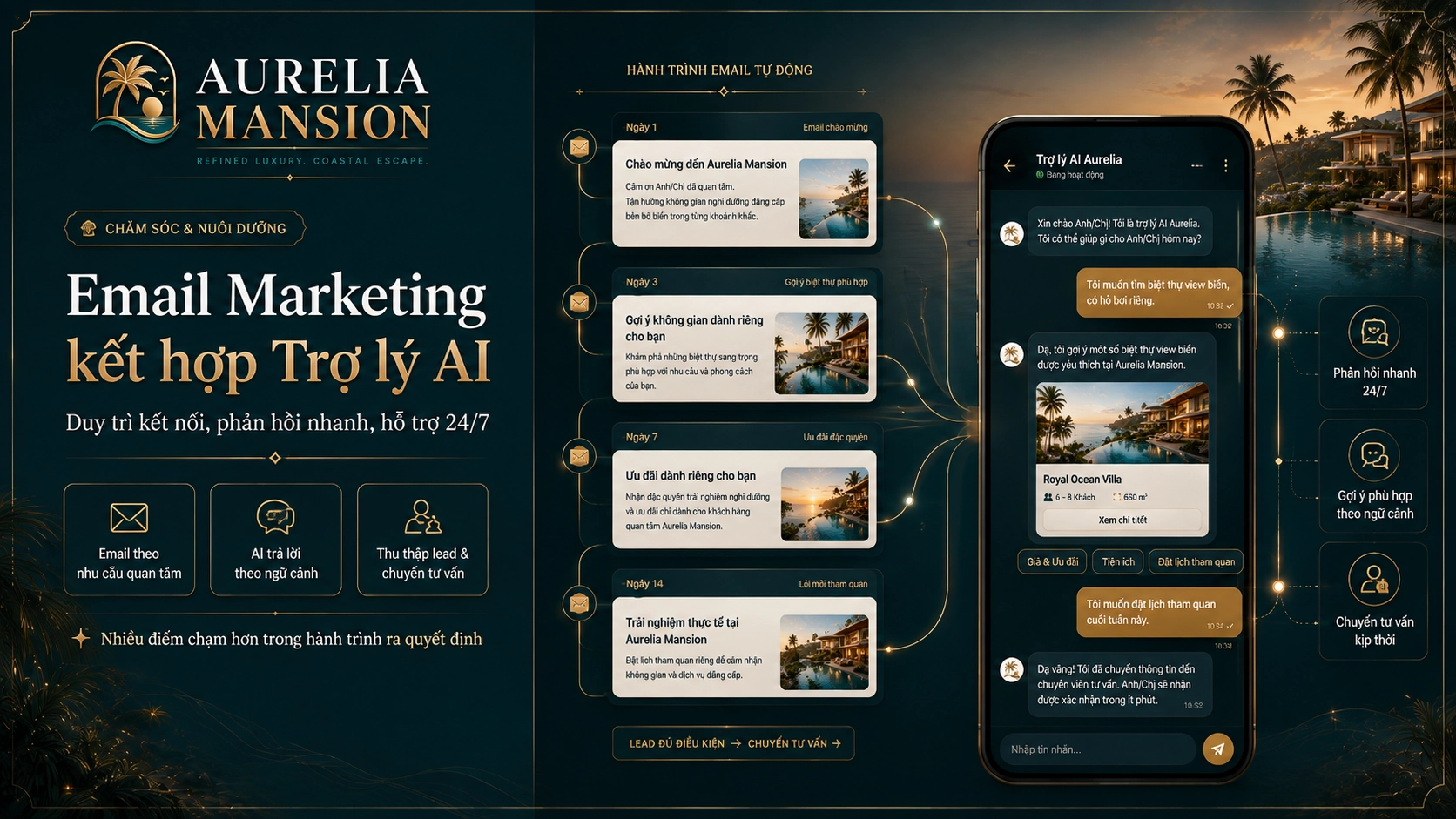 Email Marketing và trợ lý AI Aurelia Mansion hỗ trợ chăm sóc khách hàng, tư vấn và nuôi dưỡng khách hàng tiềm năng