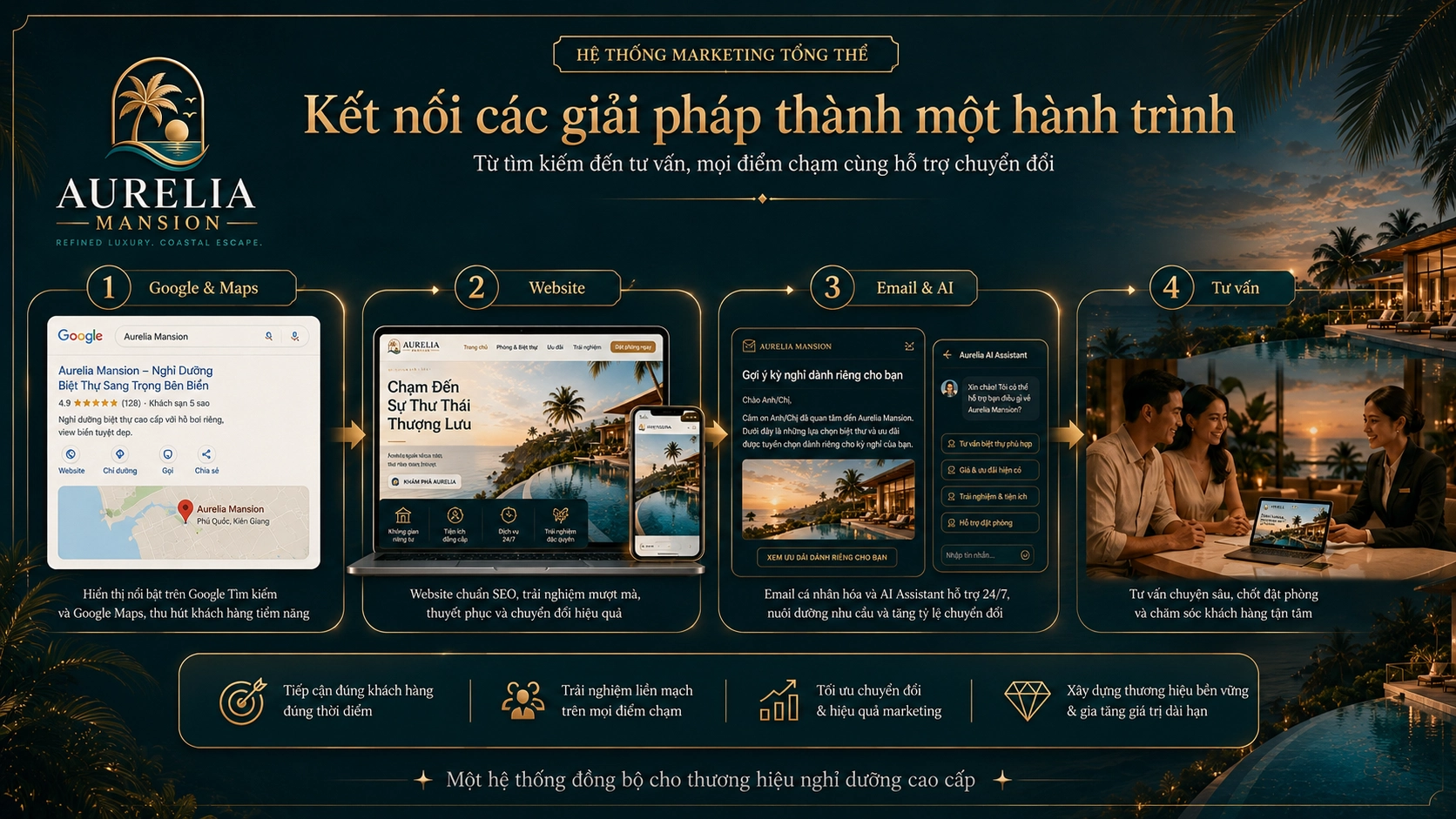 Hành trình marketing Aurelia Mansion kết nối Google Maps, website, Email Marketing, AI và tư vấn khách hàng