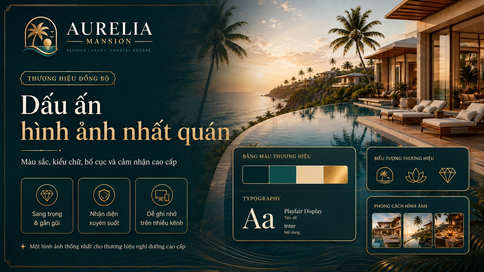 Nhận diện thương hiệu Aurelia Mansion với phong cách nghỉ dưỡng cao cấp, màu xanh teal và sắc vàng sang trọng