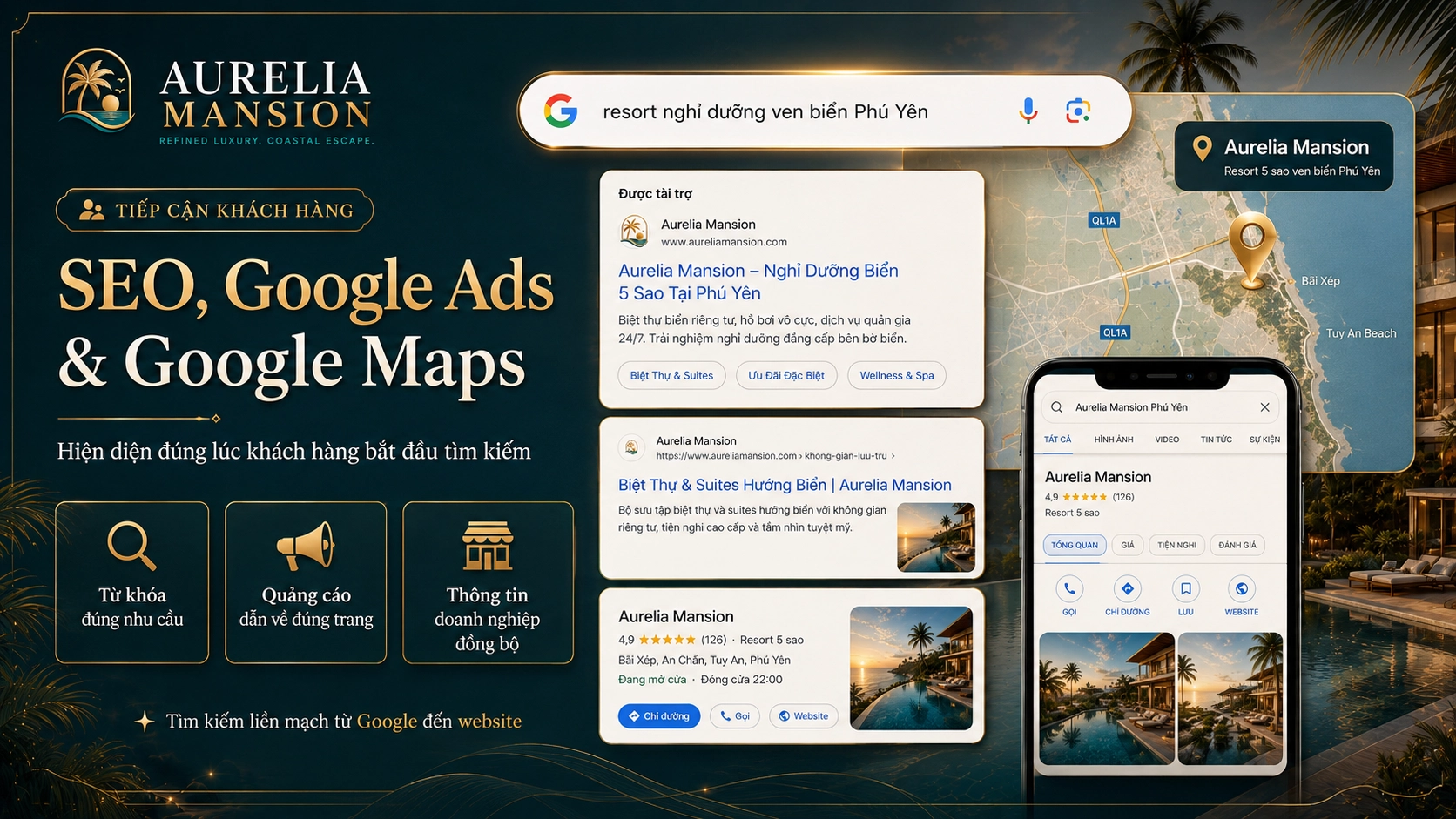 SEO Google Ads và Google Maps cho Aurelia Mansion giúp tăng khả năng tiếp cận khách hàng tìm kiếm khu nghỉ dưỡng