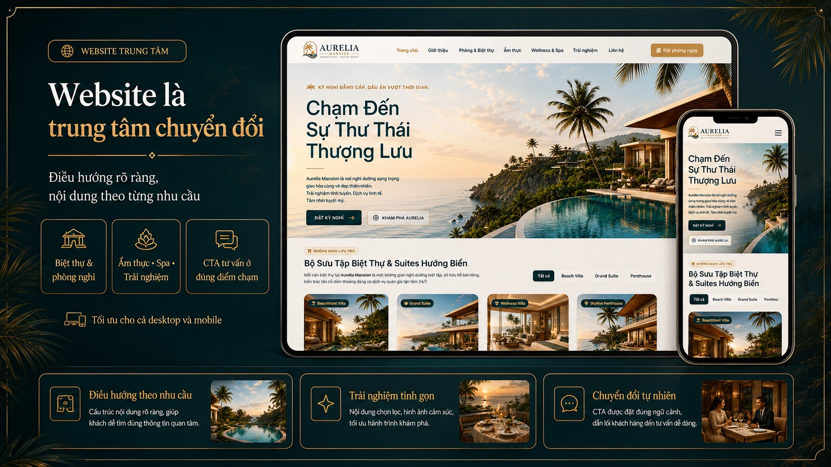 Website Aurelia Mansion tối ưu trên desktop và mobile với nội dung biệt thự, phòng nghỉ, spa và trải nghiệm