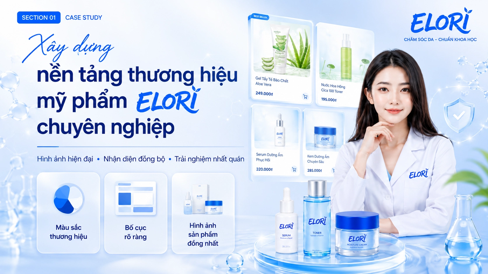 Nền tảng thương hiệu mỹ phẩm ELORI chuyên nghiệp với màu sắc, bố cục và hình ảnh sản phẩm đồng bộ