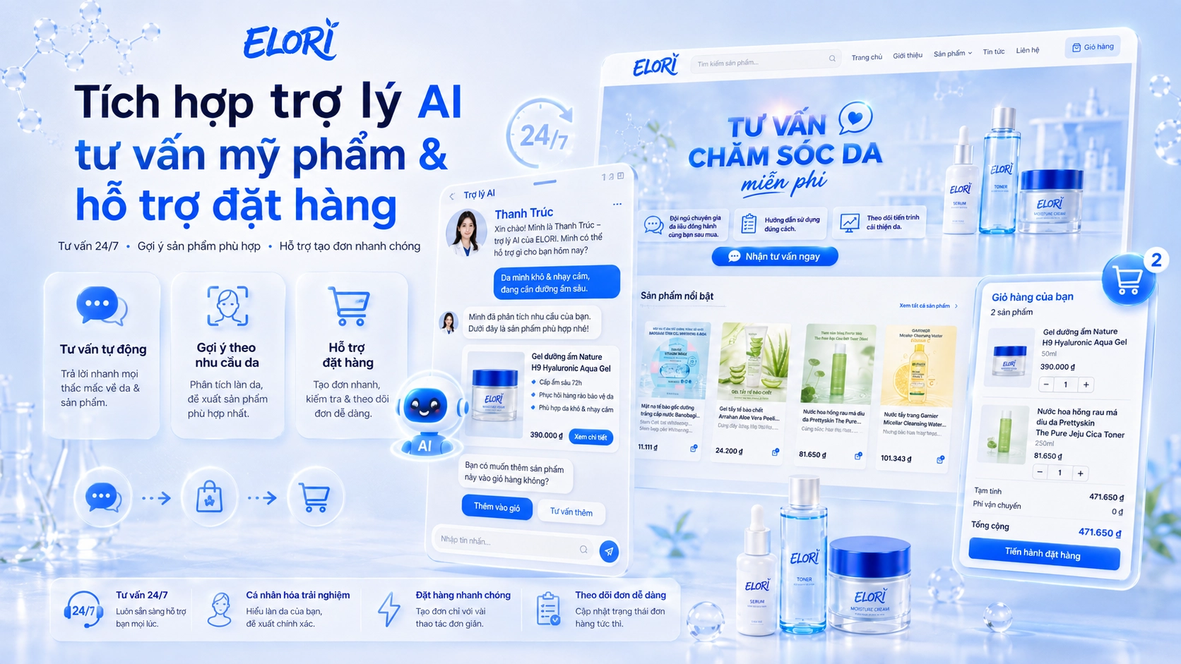 Trợ lý AI Thanh Trúc tư vấn mỹ phẩm, đề xuất sản phẩm và hỗ trợ khách hàng đặt hàng trên website ELORI