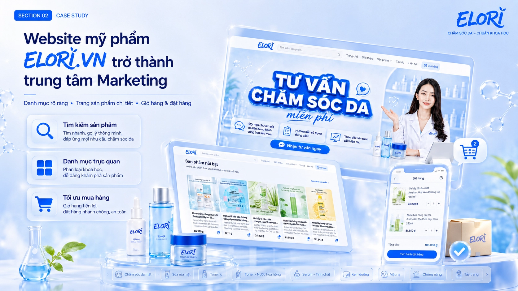 Website mỹ phẩm ELORI.VN với danh mục sản phẩm, công cụ tìm kiếm, giỏ hàng và quy trình đặt hàng